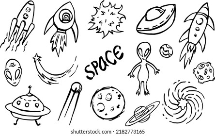 Vector hand-drawn doodles, a set of space objects and symbols, cartoon, contour drawing