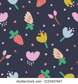 Vector hand-drawn doodling cute flower and strawberry illustration seamless repeat pattern fashion and home kitchen fabric print digital artwork