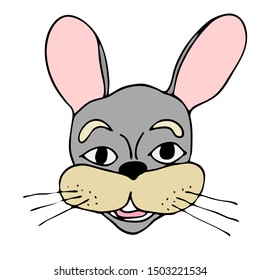 Vector hand-drawn drawing in cartoon style of a hare head closeup on a white background