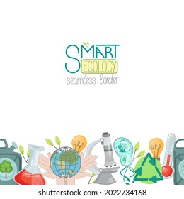 Afiche ecológico diseñado a mano por vectores que presenta globo en mano, microscopio, termómetro, retorta, bacterias, bombilla y letras. Cartel para proteger el medio ambiente y salvar el planeta Tierra.