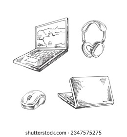 Vector hand-drawn electronic devices Illustration set. Detailed retro style laptop, wireless headphones, computer mouse sketch. Vintage sketch element. Back to School.