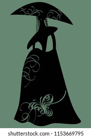Vector, hand-drawn, elegant silhouettes of girls in hats and long dresses.