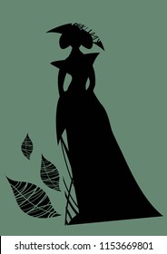 Vector, hand-drawn, elegant silhouettes of girls in hats and long dresses.