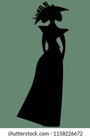 Vector, hand-drawn, elegant silhouettes of girls in hats and long dresses.