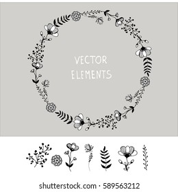 Vector hand-drawn elements floral wreath in vintage style. Rustic hand-sketched floral elements set. Flower doodles, branches, flowers.