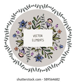 Vector hand-drawn elements floral wreath in vintage style. Rustic hand-sketched floral elements set. Flower doodles, branches, flowers. greeting cards, wedding invitations and notes.