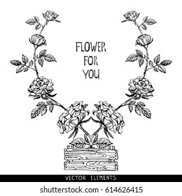 Vector hand-drawn elements floral wreath in vintage style. A bright template for your design. Design layout for the media, maps, notes, fashion. Brush Collection Flower doodles, branches, flowers.