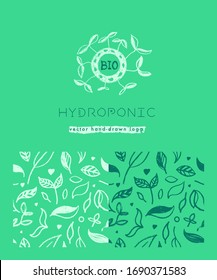 Vector hand-drawn emblem for agricultural logo with  hydroponic concept. Eco emblem with growing leaf for label of baby plants. Growth icon with microgreens for bio company and home cultivating.