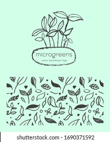 Vector hand-drawn emblem for agricultural logo with  hydroponic concept. Eco emblem with growing leaf for label of baby plants. Growth icon with microgreens for bio company and home cultivating.