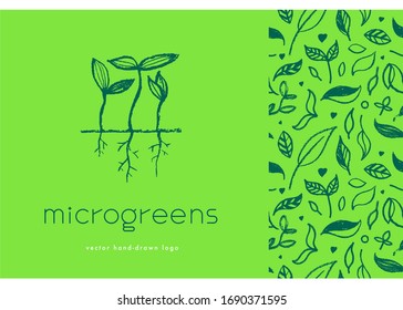 Vector hand-drawn emblem for agricultural logo with  hydroponic concept. Eco emblem with growing leaf for label of baby plants. Growth icon with microgreens for bio company and home cultivating.