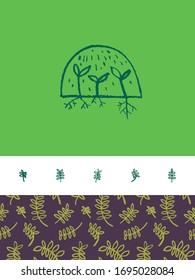 Vector hand-drawn emblem for agricultural logo with hydroponics concept. Eco emblem with growing leaf for label of baby plants. Growth icon with microgreens and floral ornament.