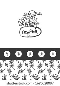 Símbolo vectorial hecho a mano para el logo agrícola con concepto hidropónico. Emblema ecológico con hoja de cultivo para la etiqueta de plantas para bebés. Icono de crecimiento con microvegetales y adorno floral.