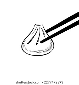 Vector hand-drawn engraved dumpling in chopsticks. Sketch illustration of asian traditional food for menu, recipe, advert or logo. Isolated line art of Chinese dish from dough with filling.
