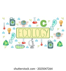 Vector hand-drawn environmental poster featuring a fuel canister, microscope, thermometer, retort, bacteria, light bulb, globe in hands and lettering. The poster is about protecting the environment
