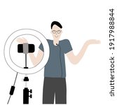 Vector handdrawn equipment for a vlogging. Blogger man making records with smartphone and ring light