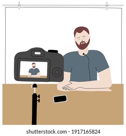 Vector handdrawn equipment for a vlogging. Blogger man making records to camera isolated on white background.