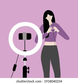 Vector handdrawn equipment for a vlogging. Blogger young woman making records with smartphone and ring light