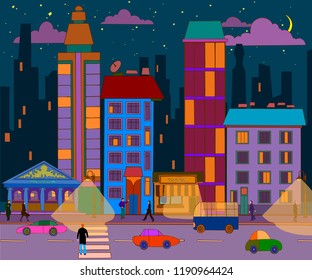 vector hand-drawn evening city landscape in a pleasant color with pedestrians in the diffused light.