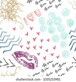 Vector hand-drawn feminine seamless pattern made of colored smears and strokes.