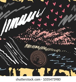 Vector hand-drawn feminine seamless pattern made of colored smears and strokes.