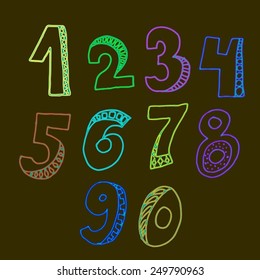 Vector hand-drawn figures 0 to 9. Vector numbers zero to nine. Sketch style figures.
