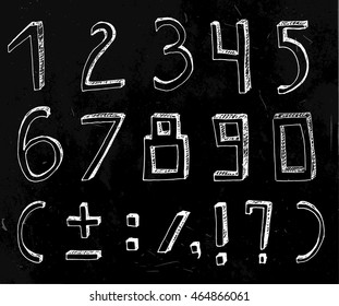 Vector handdrawn figures. Volumetric handmade numbers. White figures and mathematical characters in funny style on a dark grey background.