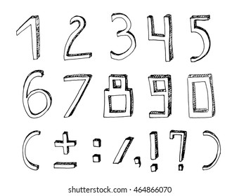 Vector handdrawn figures. Volumetric handmade numbers. Black figures and mathematical characters in funny style on a white background.