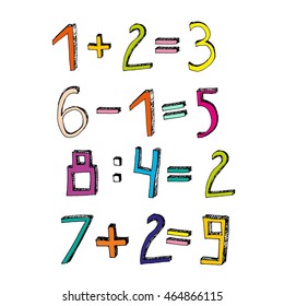 Vector handdrawn figures. Volumetric handmade numbers. Colorful figures and mathematical characters in funny style on a white background.