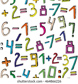 Vector handdrawn figures. Volumetric handmade numbers. Multicolored figures and mathematical characters in funny style on a white background.