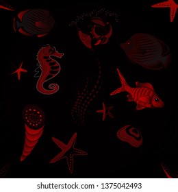 Vector handdrawn fishes in brown, black and red colors. Seamless fish pattern in doodle style.