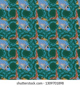 Vector handdrawn fishes. Seamless pattern with river fish on cute background in pink, blue and green colors.