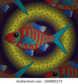 Vector handdrawn fishes. Seamless pattern with river fish on cute background in brown, green and blue colors.