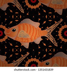 Vector handdrawn fishes. Seamless pattern with river fish on cute background in orange, black and magenta colors.
