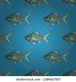 Vector handdrawn fishes. Seamless pattern with river fish on cute background in gray, blue and green colors.