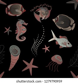 Vector handdrawn fishes in yellow, gray and black colors. Seamless fish pattern in doodle style.