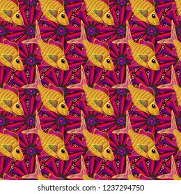 Vector handdrawn fishes in yellow, red and purple colors. Seamless fish pattern in doodle style.