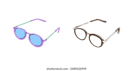 Vector hand-drawn and flat school and office supplies Illustration. Detailed retro style eyeglasses sketch. Vintage sketch element. Back to School. School essential illustration.	