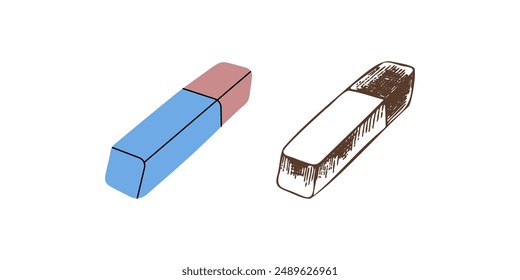 Vector dibujado a mano y plano de la escuela y los suministros de oficina Ilustración. Esbozo de borrador de estilo retro detallado. Elemento de esbozo de Antiguas. De vuelta a la escuela. Ilustración esencial de la escuela.	