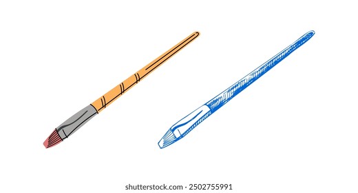 Vector hand-drawn and flat style school and art supplies Illustration. Detailed retro style brush for drawing sketch. Vintage sketch element. Back to School. School essential illustration.	
