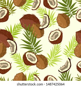 Vector hand-drawn flat style seamless pattern with coconut and palm leaves. Cute background for menu, apparel, wrapping paper, wallpaper, décor elements, textile