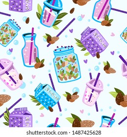 Vector hand-drawn flat style vegan seamless pattern with almond, milk pack, glass, cup milkshake, cocktail, lactose-free beverages. Cute background for vegan menu, wallpaper, wrapping, décor elements