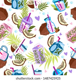 Vector hand-drawn flat style vegan seamless pattern with coconut, milk pack, glass, cup milkshake, cocktail, lactose-free beverages. Cute background for vegan menu, wallpaper, wrapping, décor elements