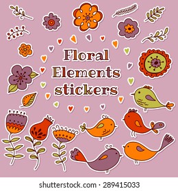 Vector hand-drawn floral elements stickers set with flowers, leaves, bird, hearts