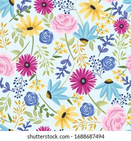 Vector Handdrawn Floral Pattern, Delicate Flowers, Yellow, Blue And Pink Flowers, Sunflower, Rose, Daisy, For Greeting Cards And Fabric