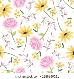 Vector handdrawn floral pattern, delicate flowers, yellow, blue and pink flowers, sunflower, rose, daisy, for greeting cards and fabric