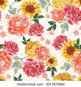 Vector handdrawn floral pattern, delicate flowers, peony, yellow, blush, and pink flowers, sunflower, leaves, for greeting cards and fabric. Seamless repeat.