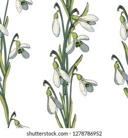 Vector hand-drawn floral pattern with snowdrops. Endless texture for your design