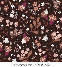 Vector hand-drawn floral seamless pattern featuring delicate spring flowers on a dark brown background, suitable for greeting cards, posters, wallpapers, and fabric