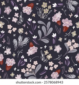 Vector hand-drawn floral seamless pattern featuring delicate spring flowers on a dark blue background, suitable for greeting cards, posters, wallpapers, and fabric