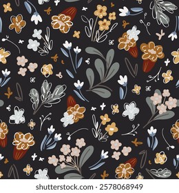 Vector hand-drawn floral seamless pattern featuring delicate spring flowers on a dark background, suitable for greeting cards, posters, wallpapers, and fabric